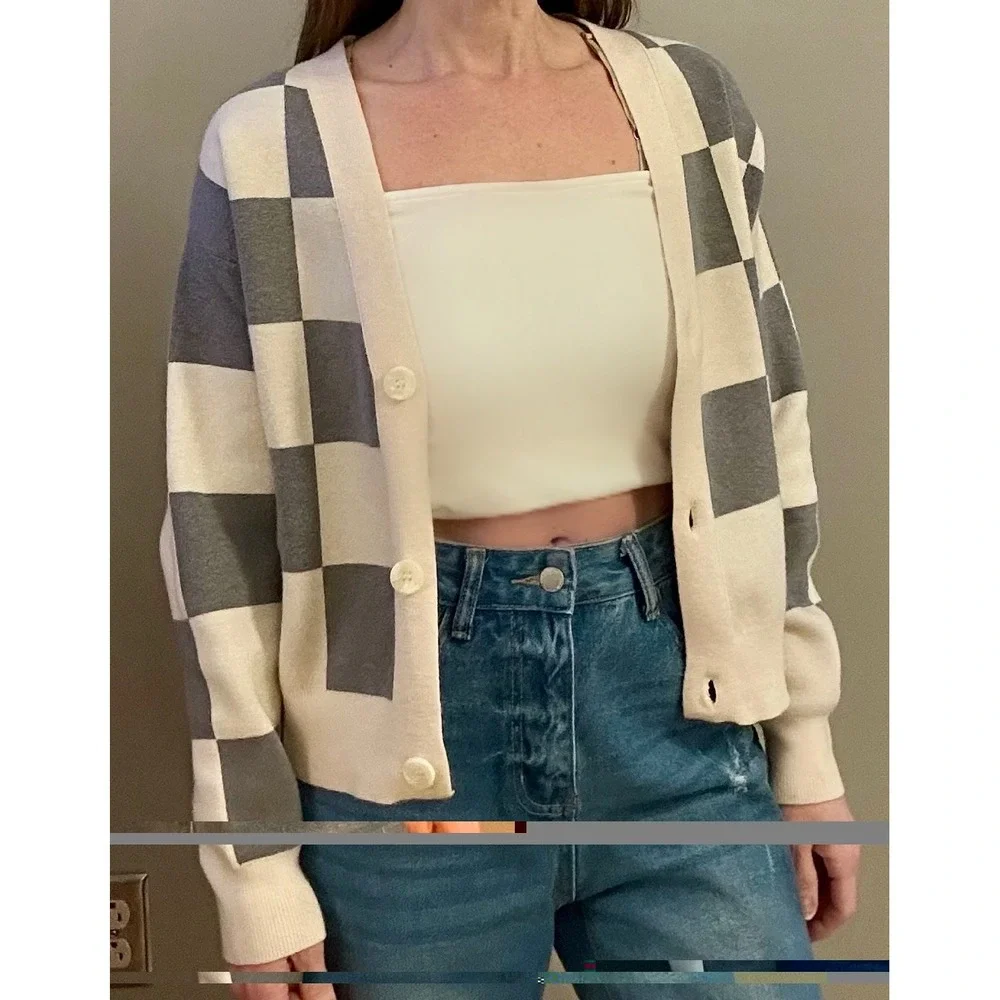 Willow‎ And Wind XS Checkered Cardigan Ivory/grey. Valentine's Girly Slay Crop - Picture 4 of 16